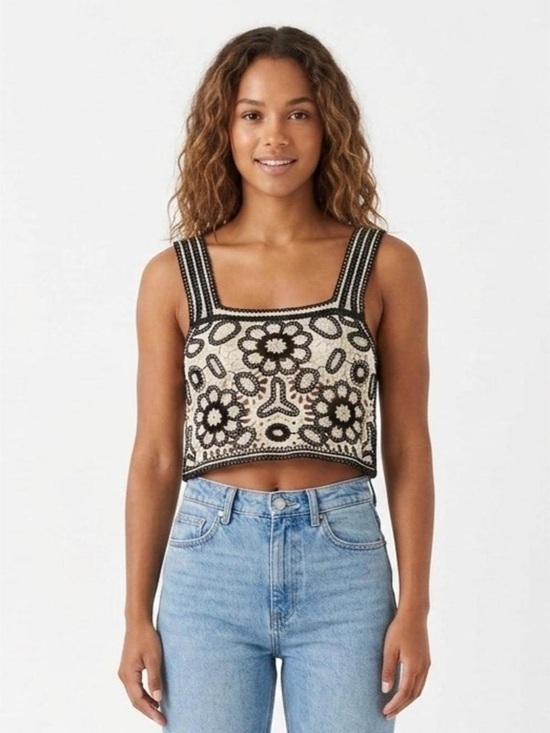 Rebellion Tops - Rebellion Beaded Floral Crop Top - Black & Cream